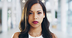 Serious, confident and businesswoman in office for portrait as secretary, natural beauty or cosmetic results. Female person, face or worker with lipstick, facial transformation or professional career