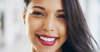 Buy stock photo Portrait, happy and woman with makeup for beauty of dermatology, cosmetics and aesthetics. Female person, smile and confidence with facial makeover, red lipstick treatment and glamour for wellness