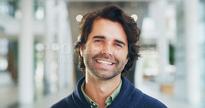 Buy stock photo Proud, portrait and man with smile, office and excited for achievement in business or reporter. Startup, journalist and happy for career growth in media agency, person or positive mindset in newsroom