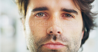 Buy stock photo Serious, man and portrait for beauty, skincare and beard with natural facial treatment. Face, closeup and male person with cosmetics, calm confidence and freckles for dermatology with aesthetic