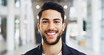 Startup, portrait and man with smile, confident or excited for achievement in business or reporter. Office, happy and joy for career growth in media agency, journalist or person with positive mindset