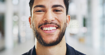 Buy stock photo Happy, portrait or man in startup, confident and excited for achievement in business or reporter. Office, face and smile for career growth in media agency, journalist and person with positive mindset