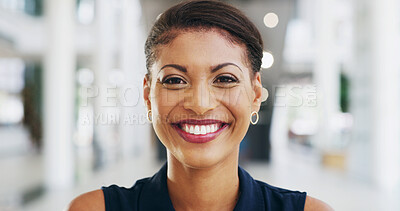 Buy stock photo Happy, portrait and African woman in office with confidence for property development opportunity. Realtor, consultant or face of businesswoman in real estate, management or professional in lobby