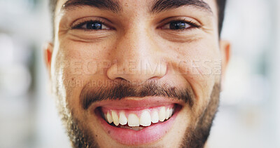 Buy stock photo Confident, portrait and man with smile, office and excited for achievement in business or reporter. Startup, face and joy for career growth in media agency, journalist or person with positive mindset
