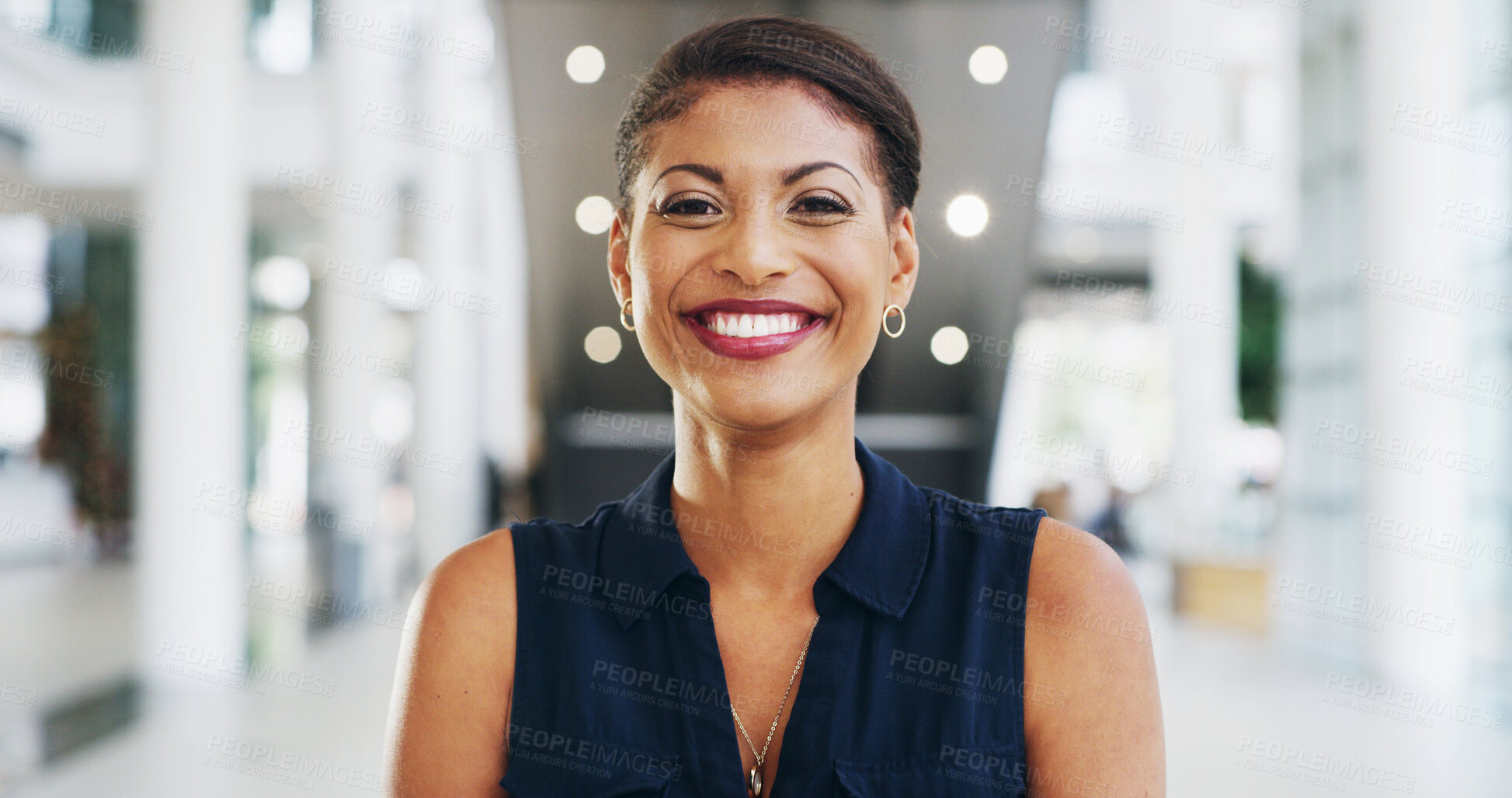 Buy stock photo Smile, portrait and businesswoman in office with confidence for property development opportunity. Realtor, consultant or face of African woman in real estate, management or professional in lobby