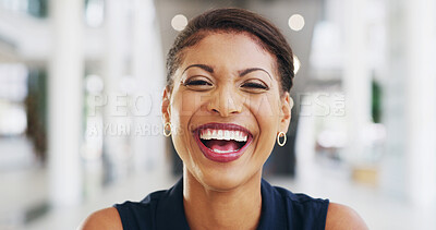 Buy stock photo Laugh, portrait and professional with business woman for confidence, creative journalist and pride. Magazine editor, happiness and opportunity with African person in startup agency for comedy