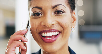 Buy stock photo Business woman, phone call and face with smile for communication, lawyer portrait and client negotiation. Contact, connection and corporate attorney with professional deal or mobile discussion 