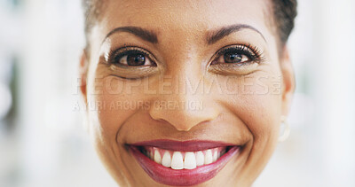 Buy stock photo Smile, portrait or office with business woman for confidence, creative journalist or pride. Magazine editor, happy or opportunity with face of African person in startup agency for professional career