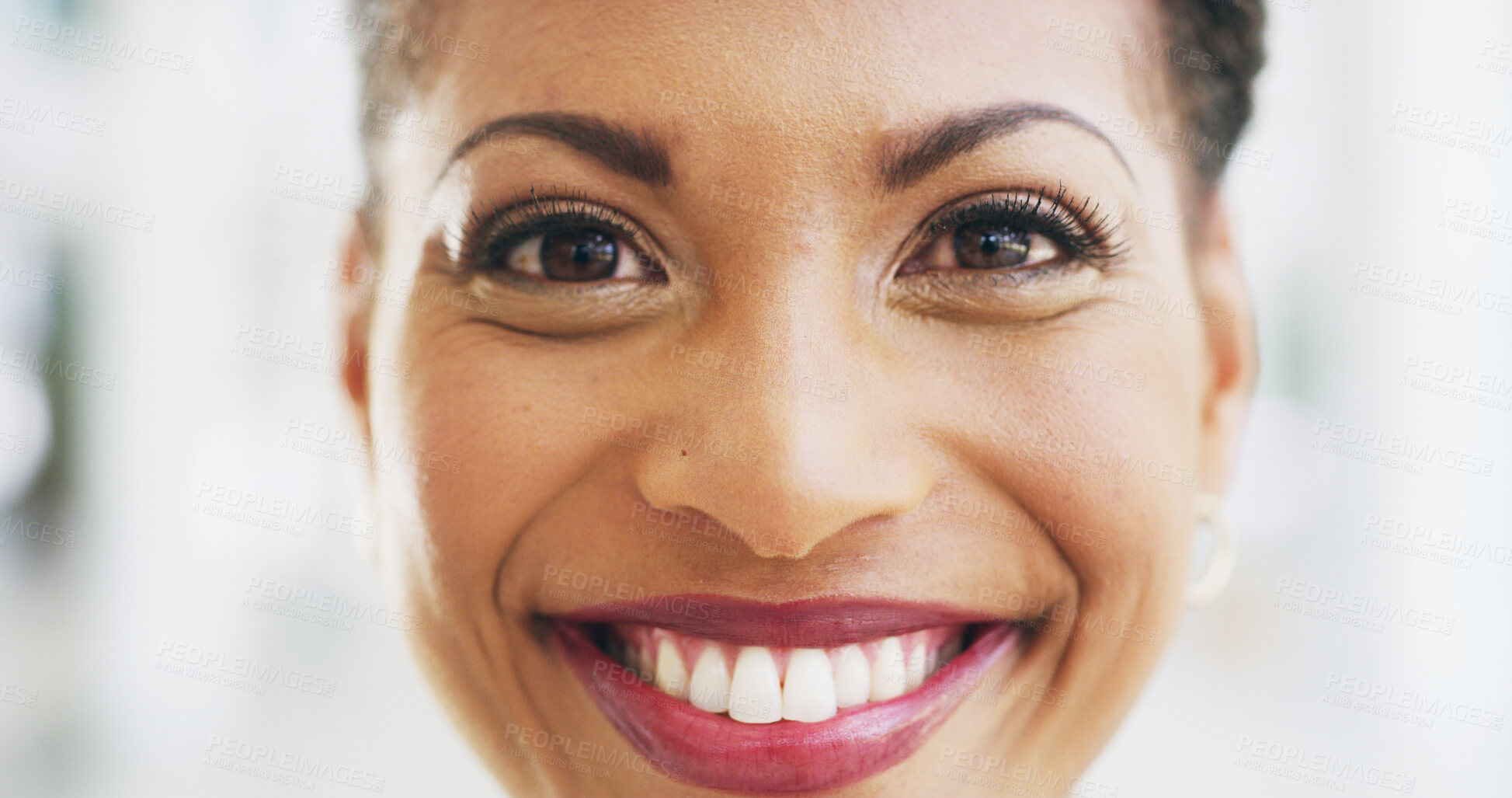 Buy stock photo Smile, portrait or office with business woman for confidence, creative journalist or pride. Magazine editor, happy or opportunity with face of African person in startup agency for professional career