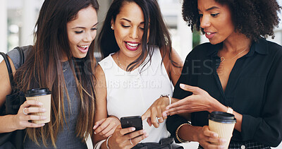 Buy stock photo Business women, mobile and group discussion in office for networking or show text. Happy workers, friends and phone for collaboration, planning or social media marketer with idea in creative startup