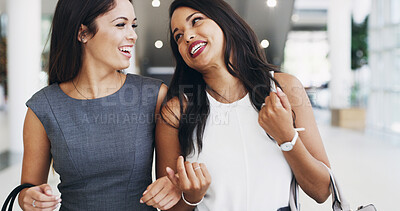 Buy stock photo Happy, retail and women in mall, funny and discount deal with expensive products. Bonding together, friends and people in store, luxury items and sales with fashion, boutique and excited with bags