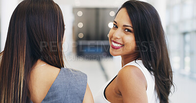 Buy stock photo Airport, portrait and smile of business women in terminal for global or international trip. Commute, flight and travel with happy employee people in lobby for collaboration, journey or opportunity