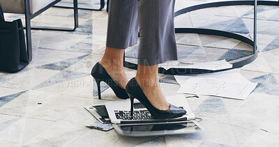 Buy stock photo Angry, feet and business woman on laptop in office frustrated for network crisis, glitch and mistake. Professional, corporate and person crush, break and smash computer for scam, spam email and fail