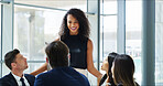 Business people, happy woman and meeting for pitch, presentation and collaboration in office. Smile, executive director and financial manager with budget proposal, review or teamwork for negotiation