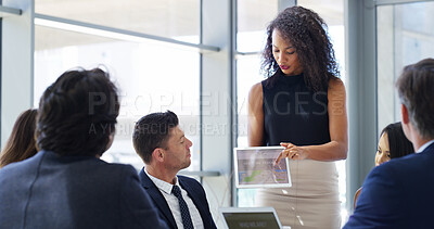 Buy stock photo Business people, tablet and meeting for pitch, presentation and collaboration in office. Screen, executive director and financial manager with budget proposal, website or teamwork for negotiation