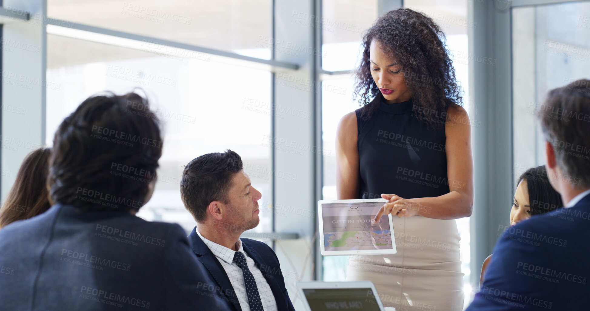 Buy stock photo Business people, tablet and meeting for pitch, presentation and collaboration in office. Screen, executive director and financial manager with budget proposal, website or teamwork for negotiation