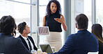 Business people, presentation and woman with tablet, teamwork and corporate training for investment charts. Employees, feedback or coaching in workplace, fintech and meeting for profit growth or idea