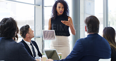 Buy stock photo Business people, presentation and woman with tablet, teamwork and corporate training for investment charts. Employees, feedback or coaching in workplace, fintech and meeting for profit growth or idea