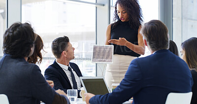 Buy stock photo Business people, tablet and screen for website, presentation and pitch in office for homepage. Explaining, executive director and app developer woman with proposal, review or technology for feedback