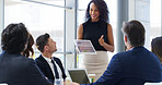 Business people, presentation and woman with thumbs up, tablet and feedback for economy analysis. Employees, cooperation or gesture for agreement, fintech and meeting for profit review and b2b deal