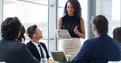 Buy stock photo Business people, presentation and woman with thumbs up, tablet and feedback with communication expert. Support, cooperation or gesture for agreement, connection and meeting for networking skills