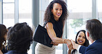 Business woman, smile and handshake for greeting, intro and welcome to finance team in office. Collaboration, meeting and shaking hands for agreement, opportunity and thank you for investment deal