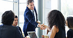 CEO, office and handshake with business people for greeting, intro and welcome to finance team. Collaboration, meeting and shaking hands for agreement, opportunity and thank you for investment deal