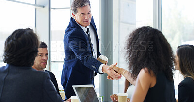Buy stock photo CEO, office and handshake with business people for greeting, intro and welcome to finance team. Collaboration, meeting and shaking hands for agreement, opportunity and thank you for investment deal