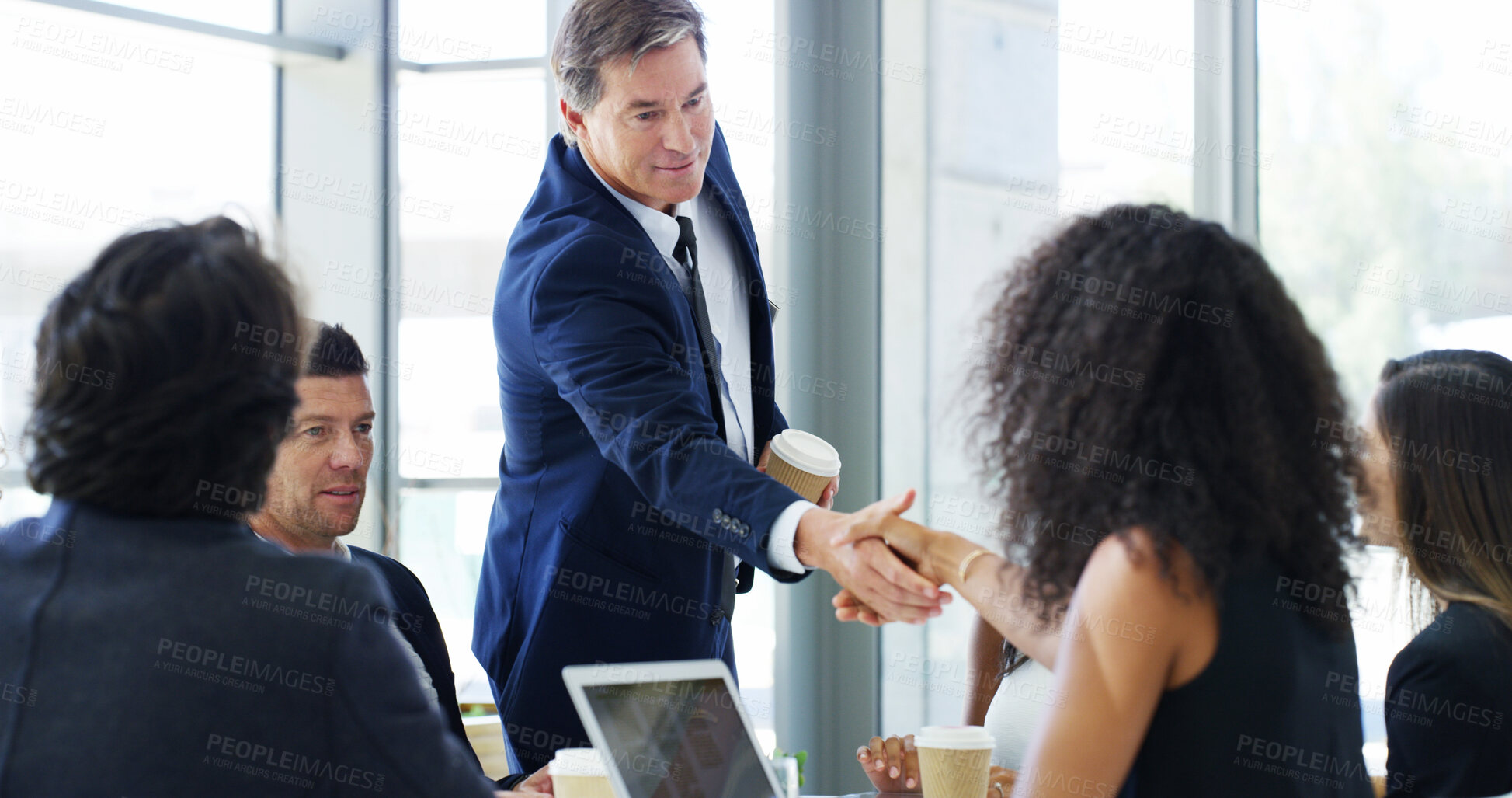 Buy stock photo CEO, office and handshake with business people for greeting, intro and welcome to finance team. Collaboration, meeting and shaking hands for agreement, opportunity and thank you for investment deal