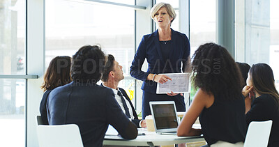 Buy stock photo Business people, presentation and woman with feedback, tablet and fintech with corporate professional. Employees, cooperation or coaching in workplace, talking and meeting for profit growth or review