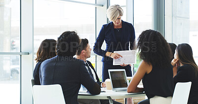Buy stock photo Business people, presentation and woman in office, tablet and corporate training for investment charts. Employees, coworking or coaching in workplace, fintech and meeting for profit growth or talking