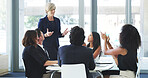 Celebration, business people and applause for meeting, boardroom and happy for achievement and teamwork. Public relations, group smile and clapping for success, accomplishment and win for office