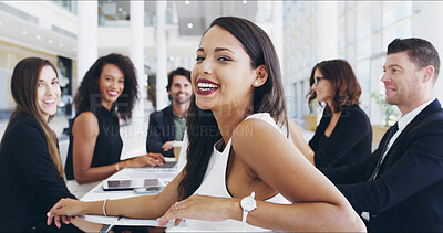 Buy stock photo Portrait, smile and happy woman in meeting for discussion, funding or budget review for business. Teamwork, staff and proud analyst with finance information or confident for project development