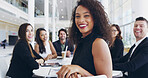Portrait, smile and business woman in meeting for proposal, funding or budget review for company. Teamwork, staff and proud analyst with finance information or confident for project development