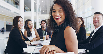 Buy stock photo Portrait, smile and business woman in meeting for proposal, funding or budget review for company. Teamwork, staff and proud analyst with finance information or confident for project development