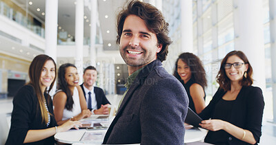 Buy stock photo Portrait, smile and businessman in meeting for proposal, funding or budget review for company. Teamwork, office staff and proud analyst with finance information or confident for project development