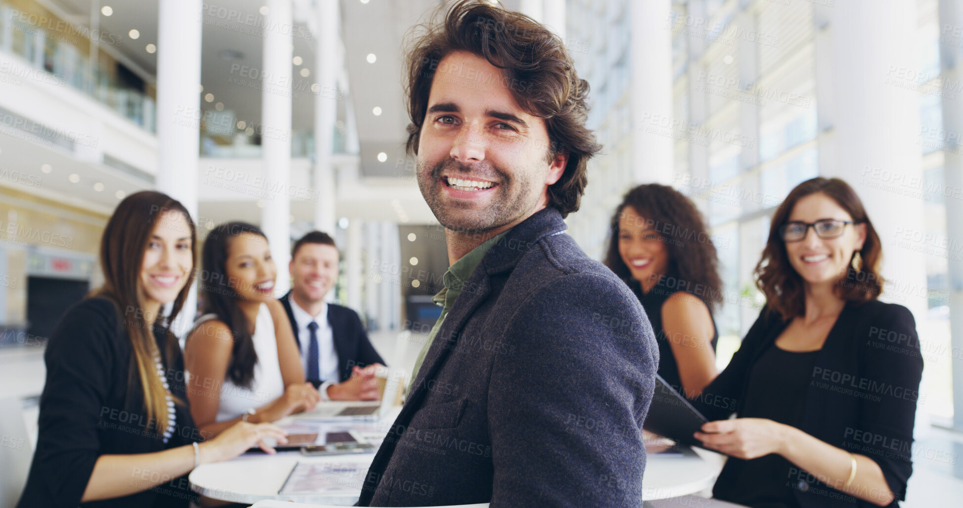 Buy stock photo Portrait, smile and businessman in meeting for proposal, funding or budget review for company. Teamwork, office staff and proud analyst with finance information or confident for project development