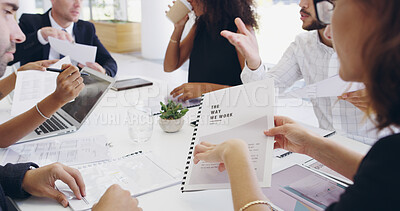 Buy stock photo Team, business people and hands with document for coaching, about us and company values. Meeting, paperwork and training with manager for vision, guide or mission with strategy discussion in office
