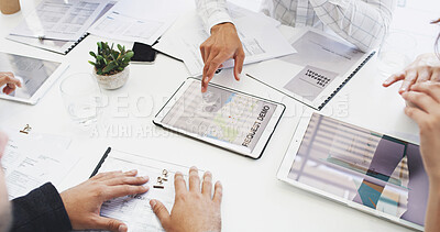 Buy stock photo Hands, tablet and business people in meeting, planning for platform launch, connection and network from above. Employees, coworking and group in modern office, communication experts and support