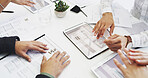 Hands, tablet and business people in meeting, cooperation and planning for budget proposal. Group, employees and teamwork in office, documents and research for sales growth, digital app and fintech