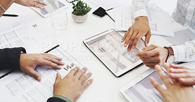 Buy stock photo Hands, tablet and business people in meeting, cooperation and planning for app launch. Group, employees or teamwork in office, documents and research for client interaction, tech and digital homepage