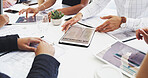 Hands, tablet and business people in meeting, planning and fintech for expense reports. Review, employees and group in office, documents and research for ideas, feedback or digital app for budget