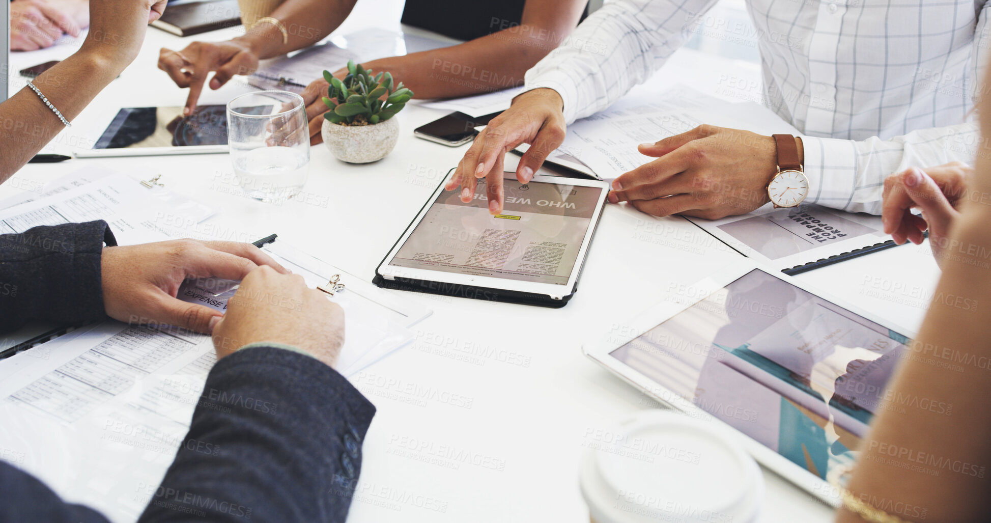 Buy stock photo Hands, tablet and business people in meeting, teamwork and tech for expense reports. Group, employees and colleagues in office, documents and research for ideas, planning or digital app for budget