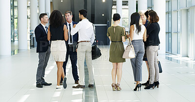 Buy stock photo Business, group and networking at event in office for b2b collaboration, waiting room and startup ideas. Convention, people and discussion in lobby for workshop seminar, career development and review