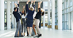Business, people and raised hands for success in office for celebration, finance deal and team achievement. Staff, cheers and collaboration for good news, investment announcement and promotion winner