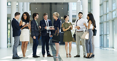 Buy stock photo Business, people and networking at event in office for b2b collaboration, global expo and waiting room. Convention, group and discussion in lobby for corporate seminar, career development and review