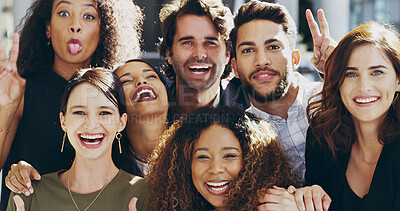 Buy stock photo Friends, hug and laugh with business people in office together for love, support or team building. Comic, diversity and portrait with employee group smile in company workplace for bonding joke