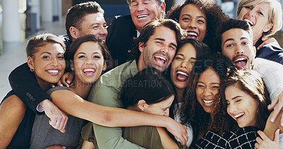 Buy stock photo Friends, hug and excited with business people in office together for love, support or team building. Comic, diversity and portrait with employee group smile in company workplace for bonding joke