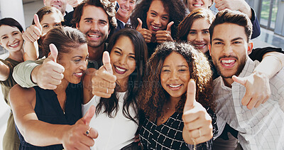 Buy stock photo Friends, thumbs up and smile with business people in office together for love, support or team building. Comic, diversity and portrait with employee group approval in company workplace for bonding
