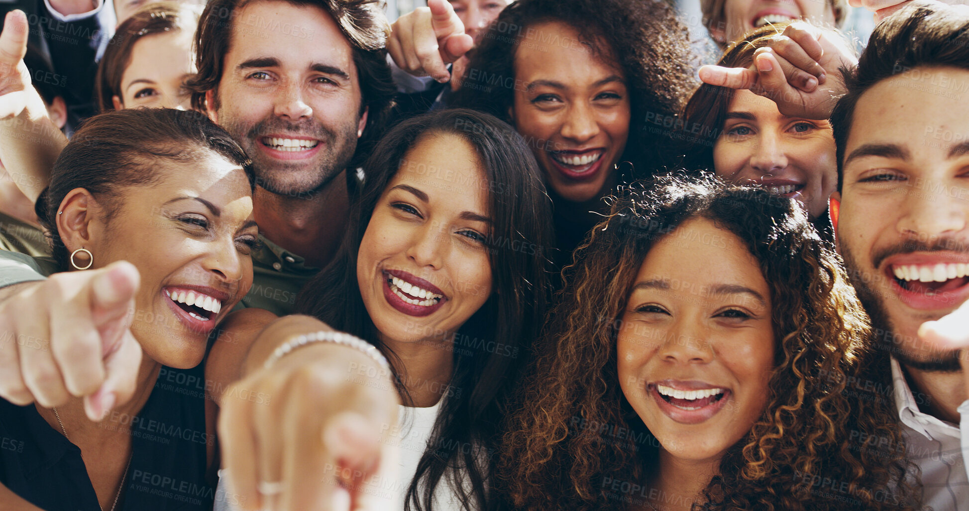 Buy stock photo Friends, pointing and smile with business people in office together for love, support or team building. Choice, opinion and portrait with employee group happy in company workplace for recruitment